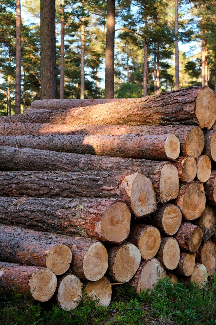 services-img Vertical shot of stacked timber logs in a lush forest in Penrith, England.